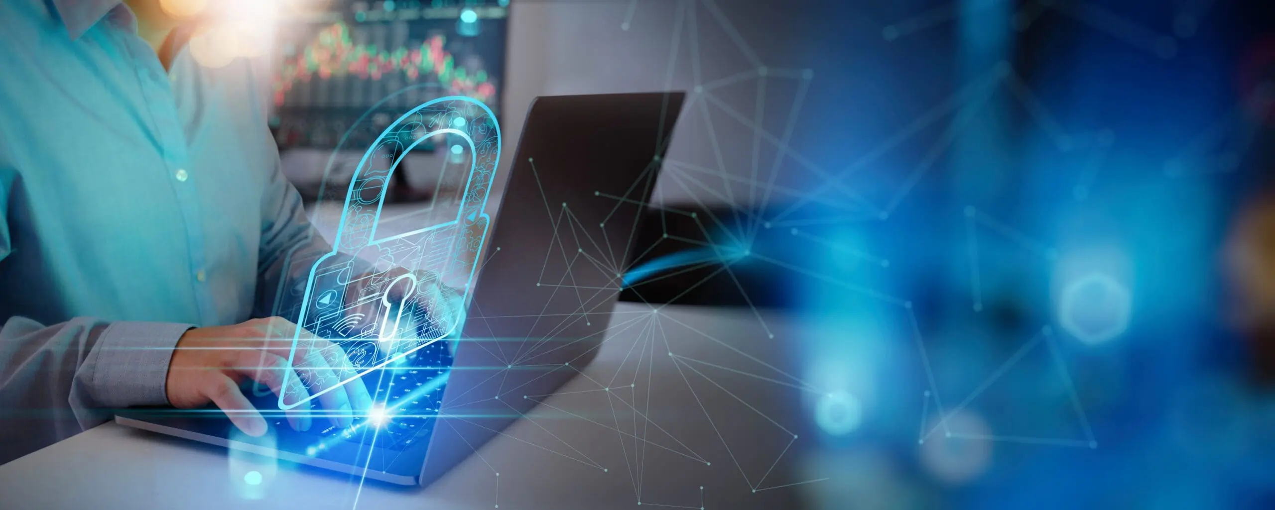 Cyber security and data protection. Businessman using laptop computer protecting business and financial data with virtual network connection. Innovation technology develop smart solution.